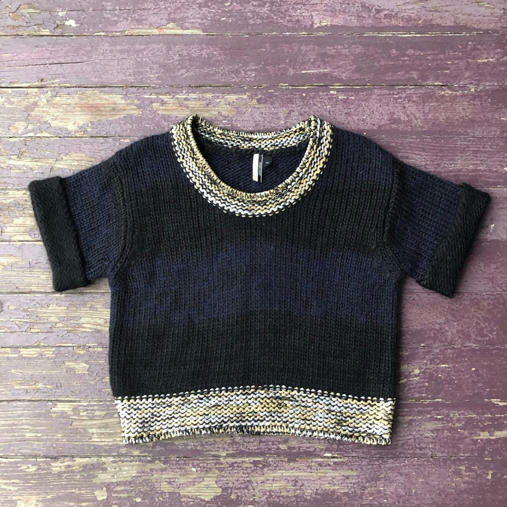 Topshop Black Short-Sleeve Crewneck Sweater with Metallic Trim
